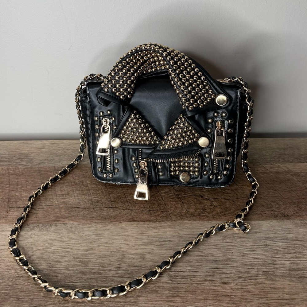 AMEILIYAR Black Vegan Leather Gold Toned Stud Biker Jacket Crossbody Bag *FLAW* - Picture 5 of 15